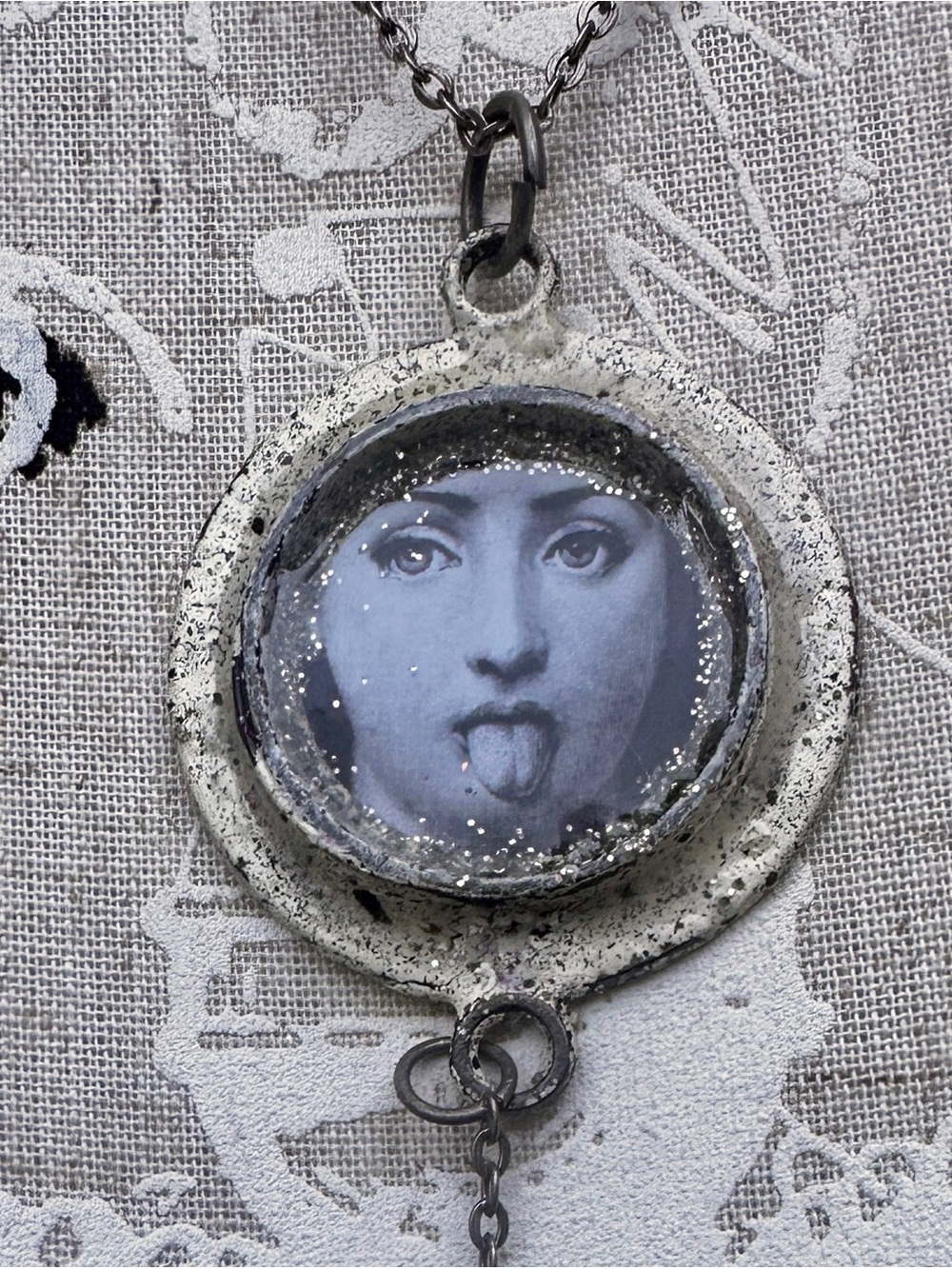 Hand Crafted Cream and Black Round Playful Portrait Pendant Necklace - Picture 1 of 6